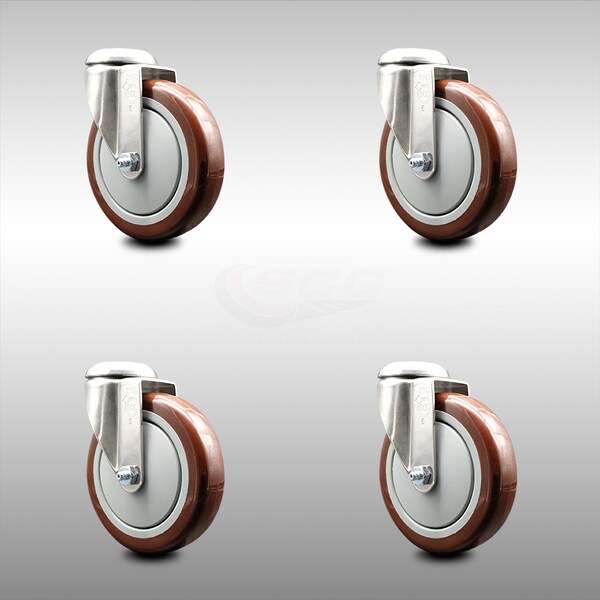 5 Inch 316SS Maroon Polyurethane Wheel Swivel Bolt Hole Caster Set SCC
